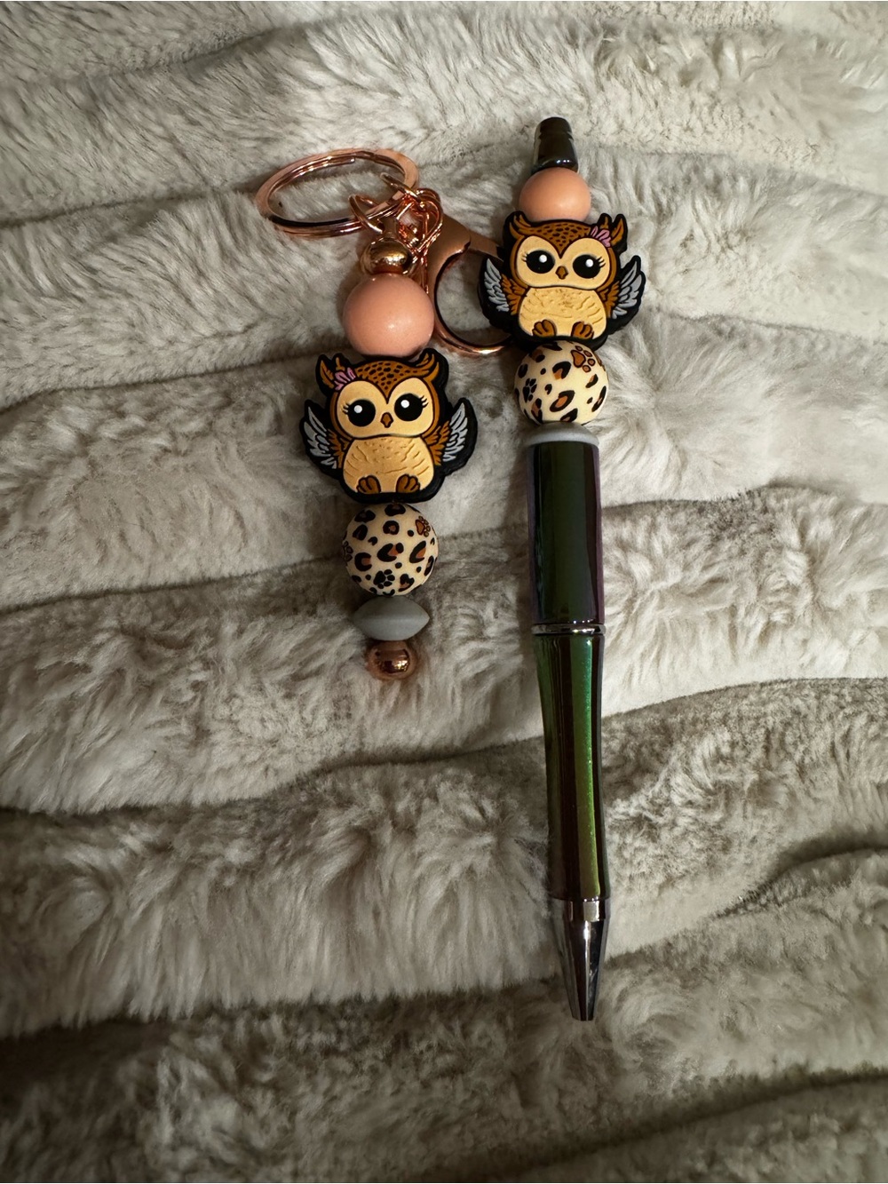 Owl Beaded Keychain and Pen Set - Peach, Leopard, Black